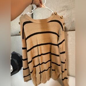 Striped Button-Detail Sweater - Tan and Black
